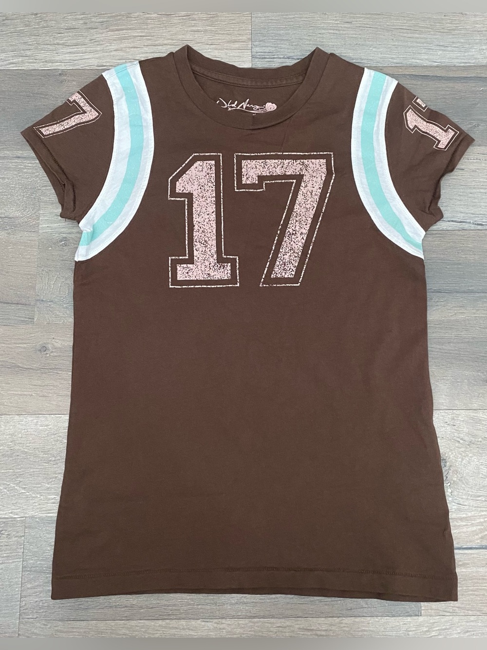 Vintage Y2K Old Navy Brown Graphic Baby Tee Football Jersey Short Sleeve Crewnec